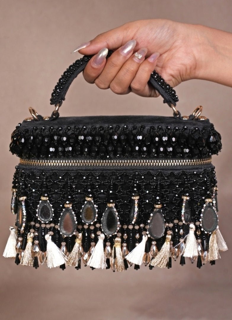 Black Mirrorwork Embellished Vanity Bag House of Kosha - Fabilicious Fashion