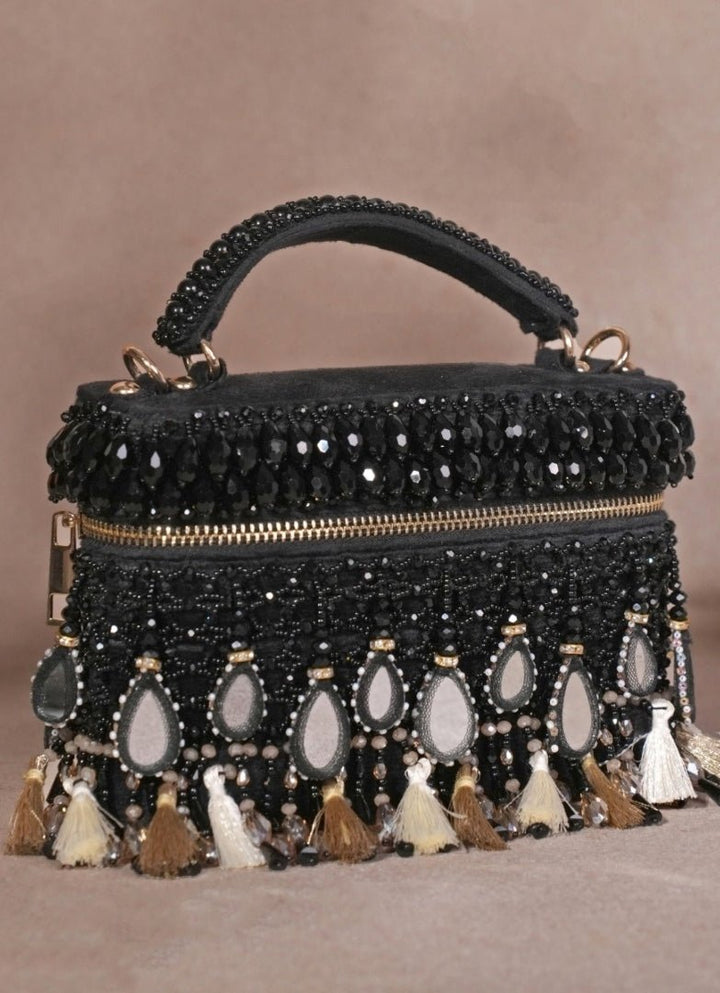 Black Mirrorwork Embellished Vanity Bag House of Kosha - Fabilicious Fashion