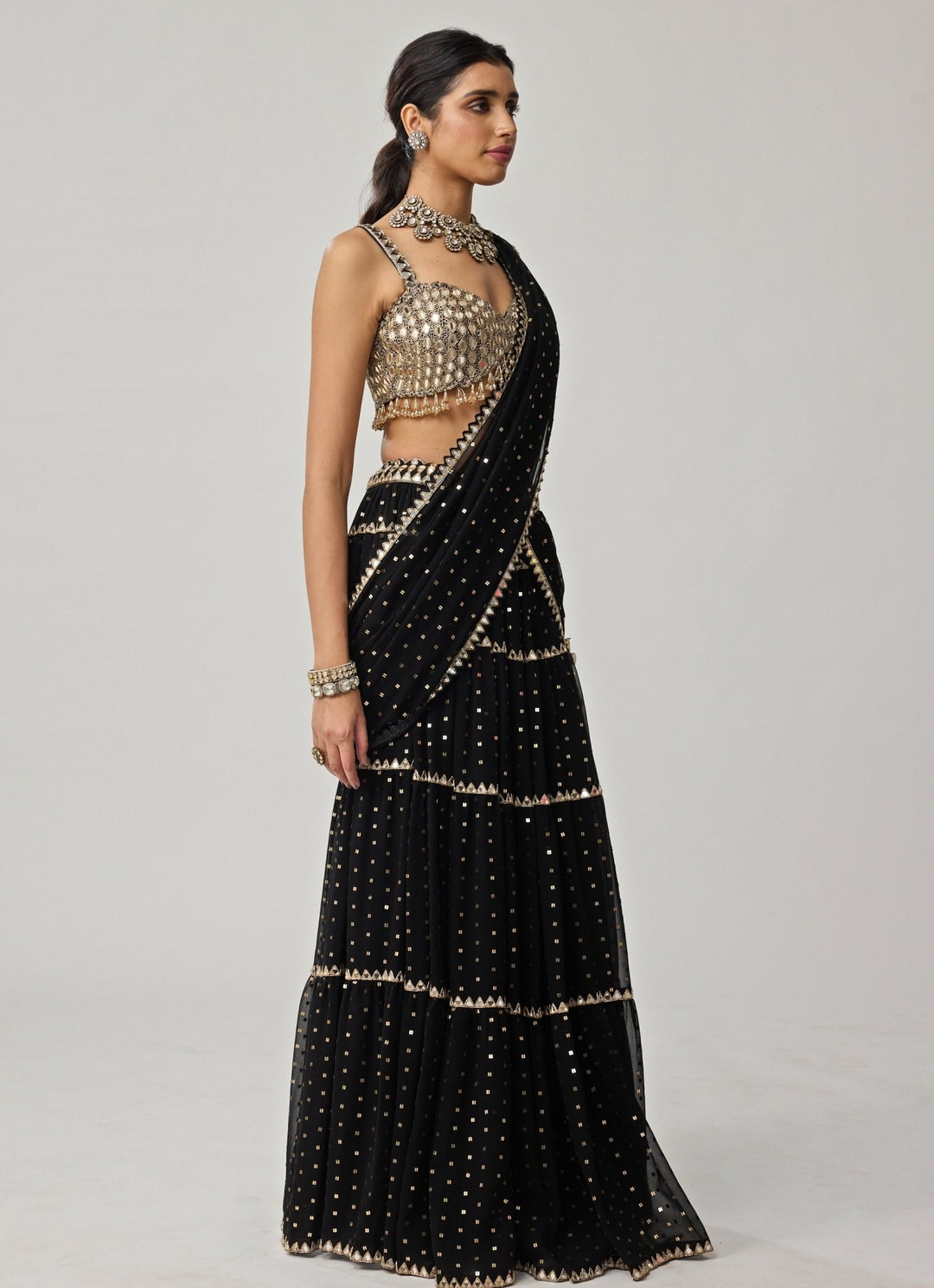 Black Multi - Tier Georgette Saree Set Vvani by Vani Vats - Fabilicious Fashion