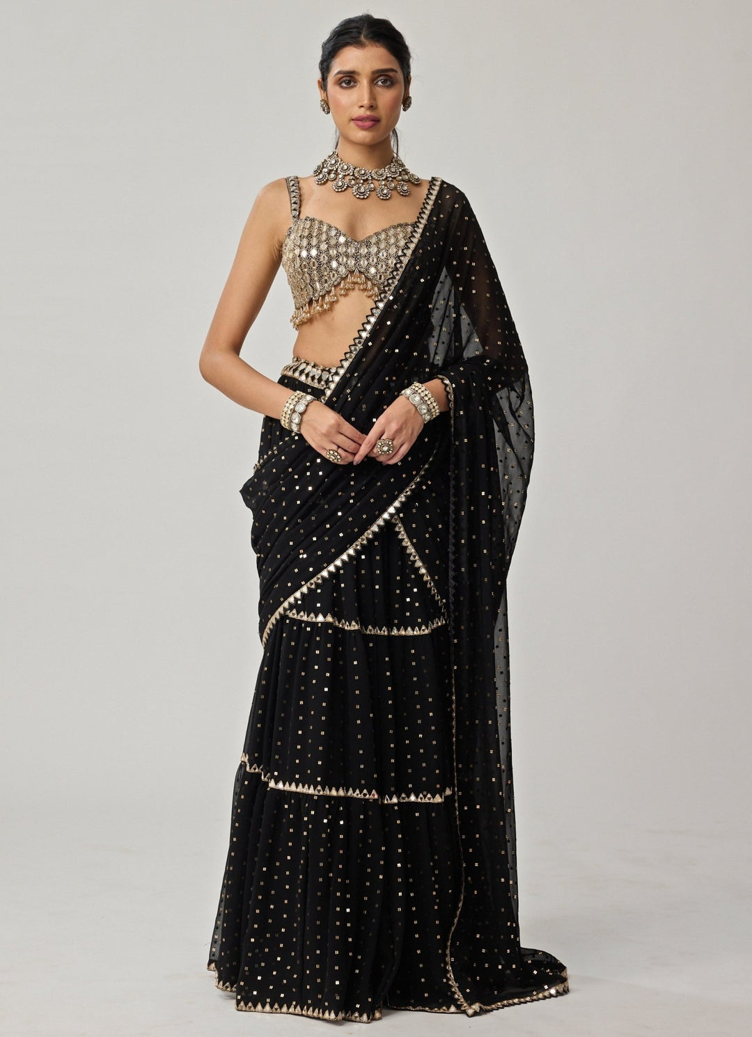 Black Multi - Tier Georgette Saree Set Vvani by Vani Vats - Fabilicious Fashion