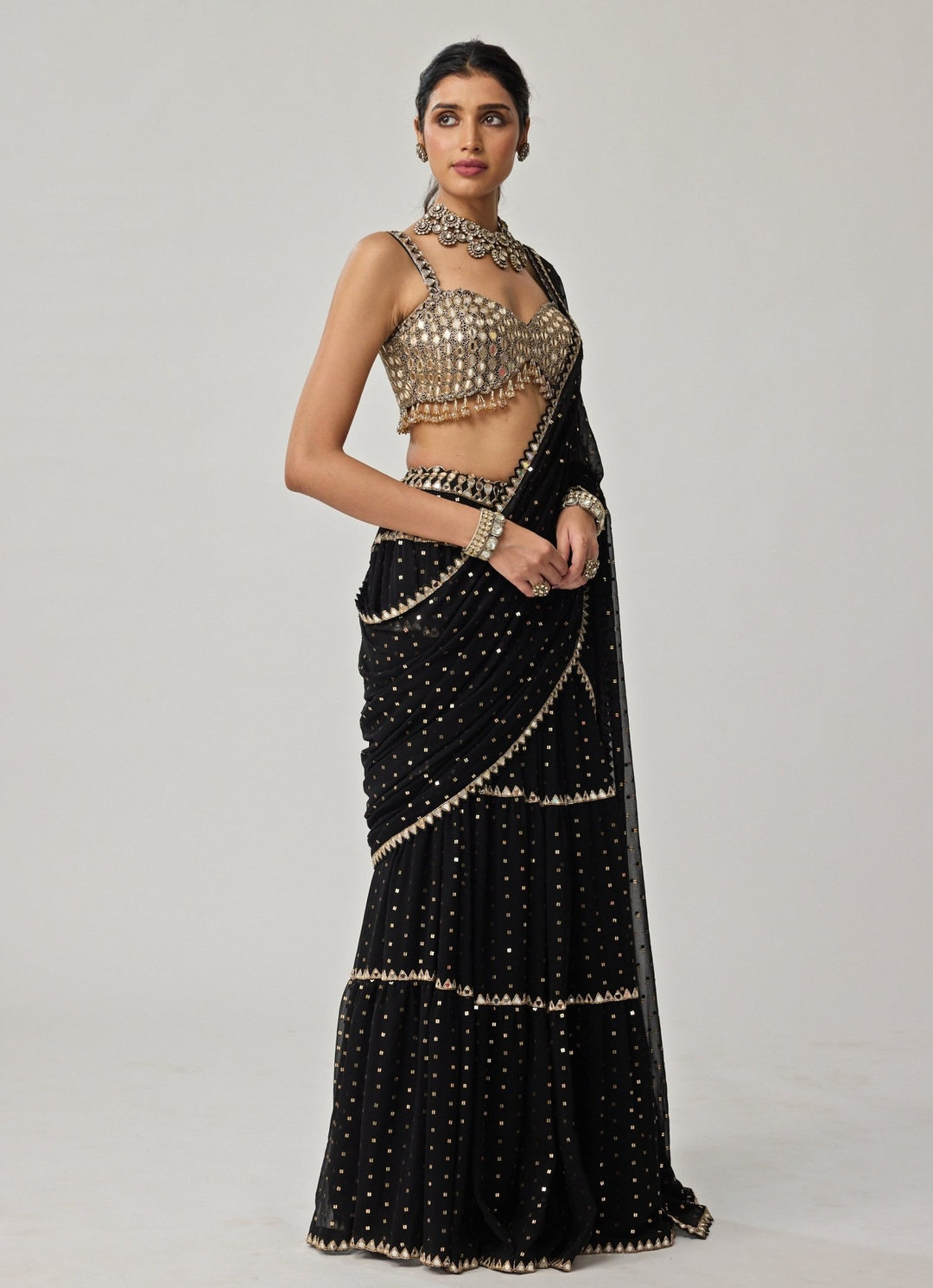 Black Multi - Tier Georgette Saree Set Vvani by Vani Vats - Fabilicious Fashion