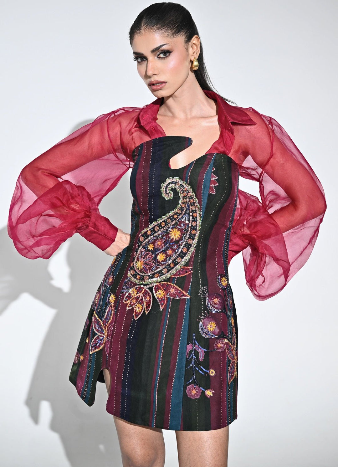 Juhi Bengani Black Multicolour Organza Mini Dress With Pink ShirtFabilicious Fashion