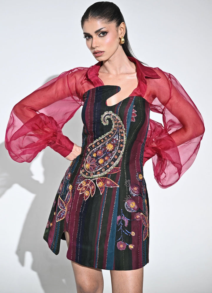 Juhi Bengani Black Multicolour Organza Mini Dress With Pink ShirtFabilicious Fashion