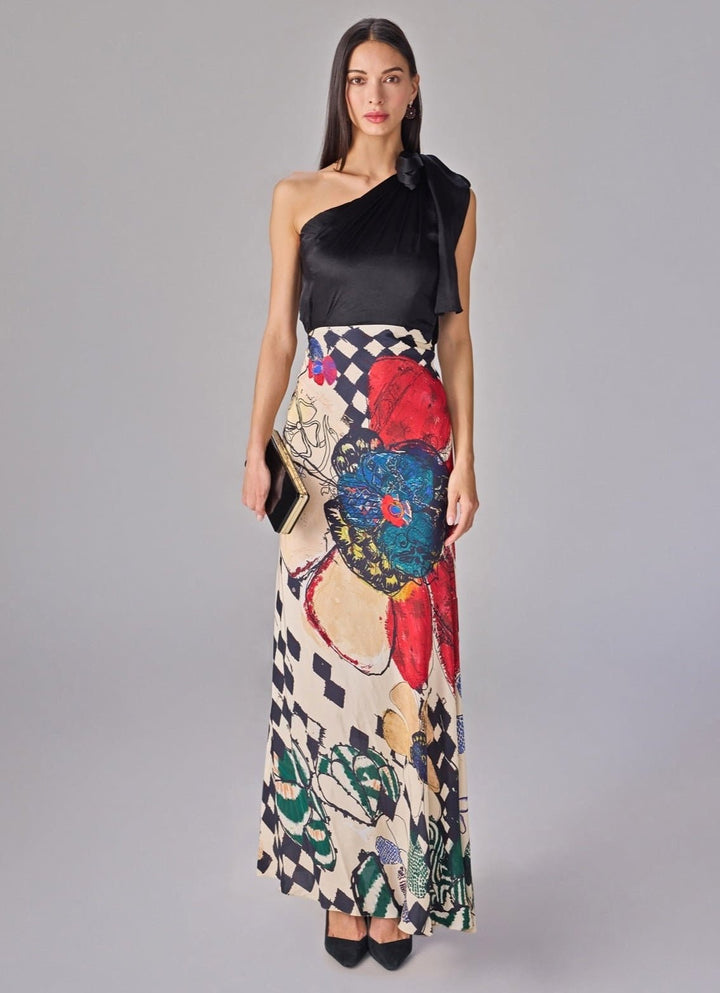 Black Multicolour Print One Shoulder Column Dress Saaksha &amp; Kinni - Fabilicious Fashion