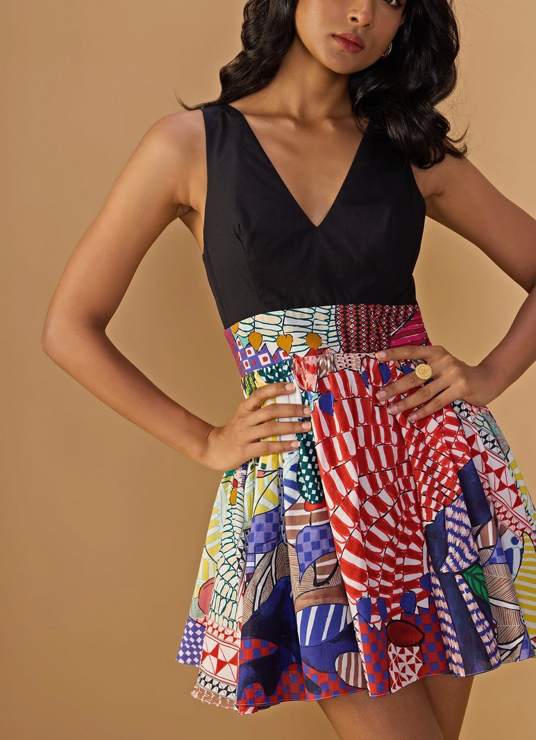 Black Multicolour Printed Short Dress Saaksha &amp; Kinni - Fabilicious Fashion