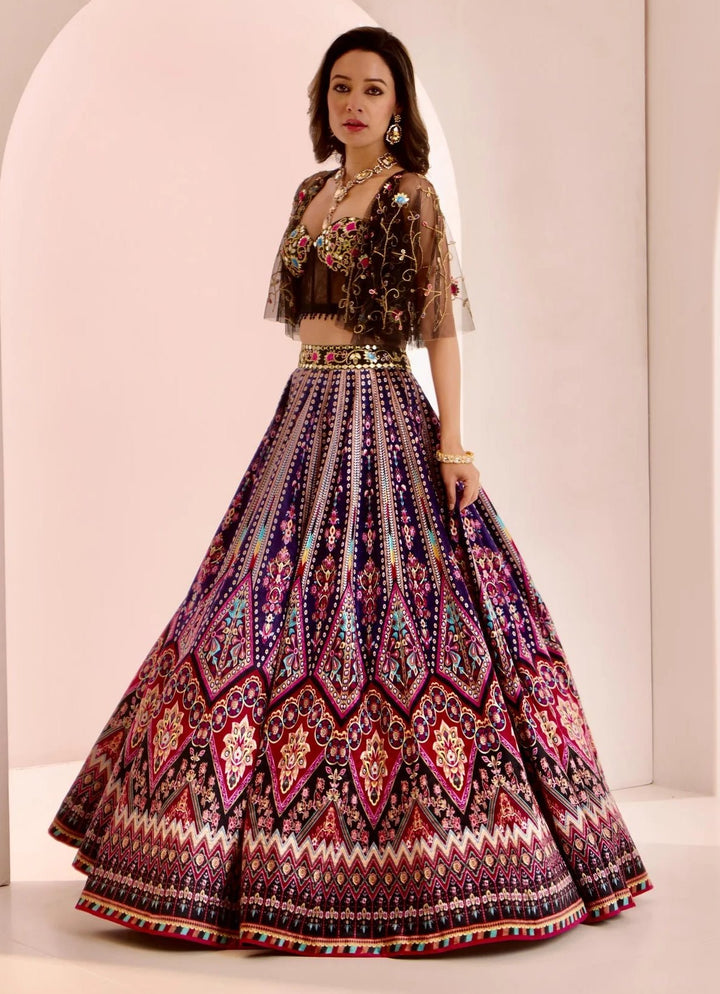 Black Multicoloured Velvet Lehenga Set With Cape Rashika Sharma - Fabilicious Fashion