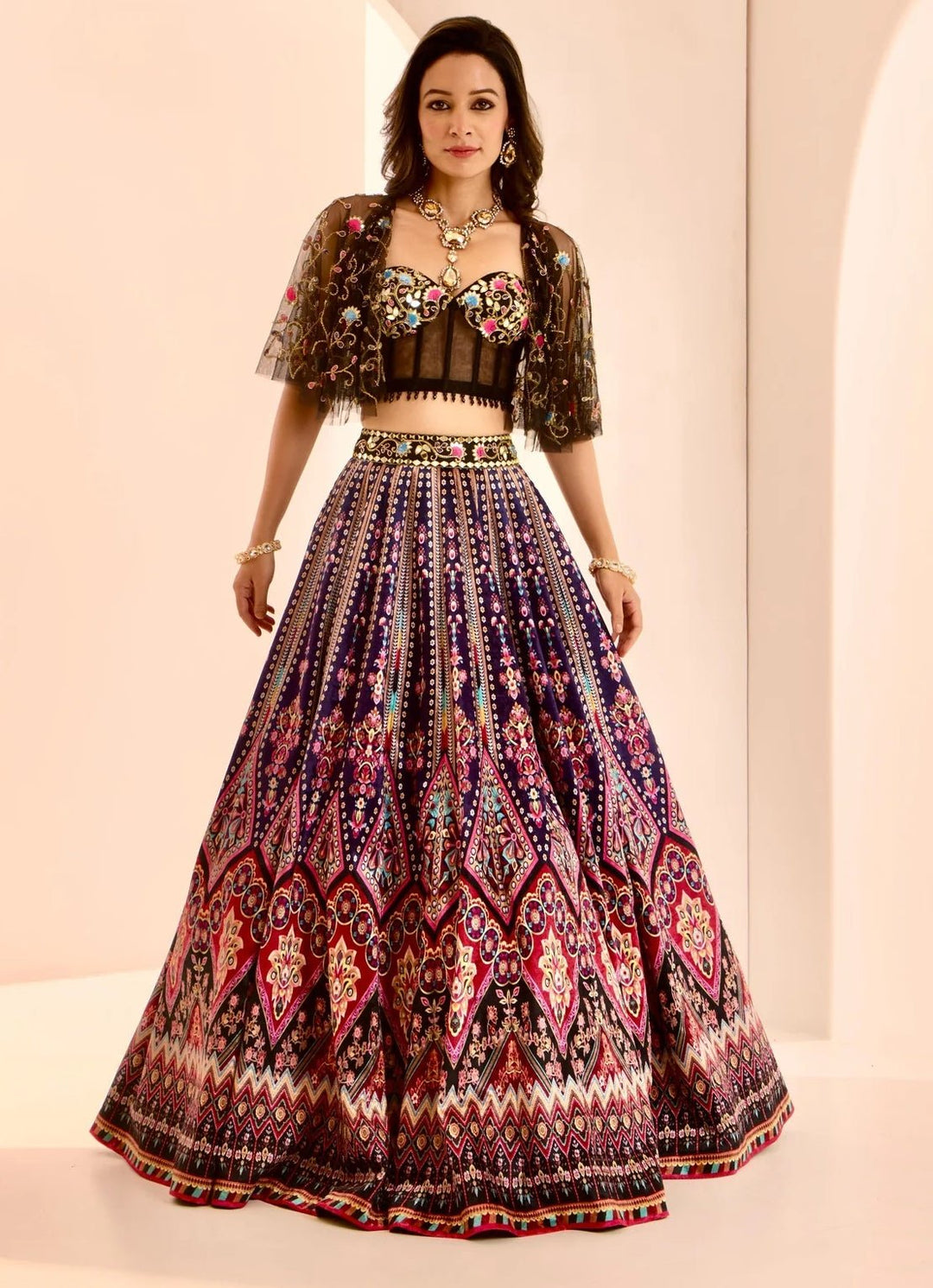 Black Multicoloured Velvet Lehenga Set With Cape Rashika Sharma - Fabilicious Fashion