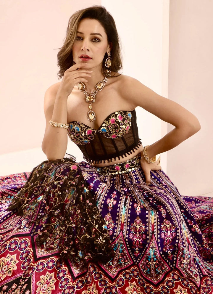 Black Multicoloured Velvet Lehenga Set With Cape Rashika Sharma - Fabilicious Fashion