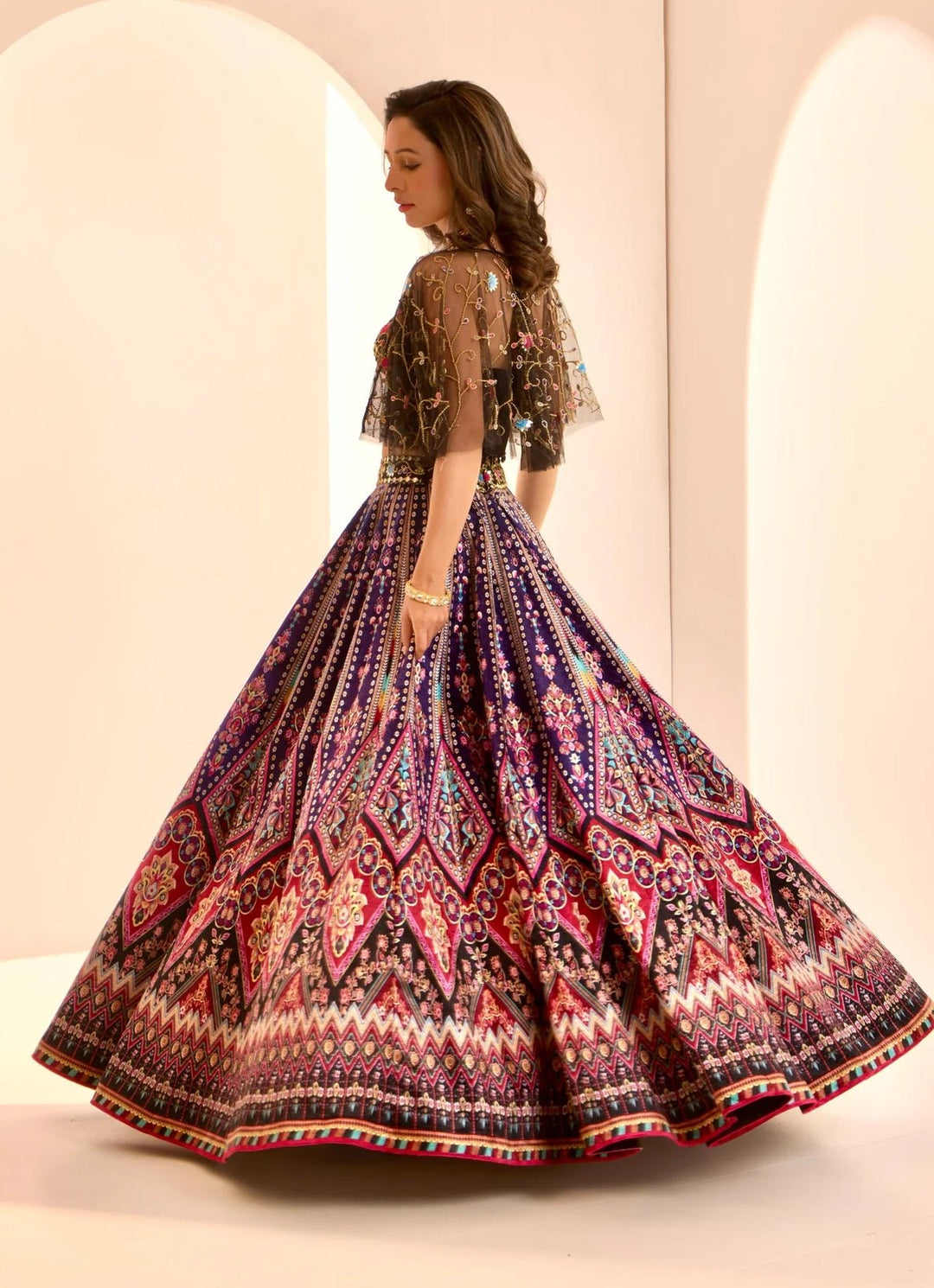 Black Multicoloured Velvet Lehenga Set With Cape Rashika Sharma - Fabilicious Fashion