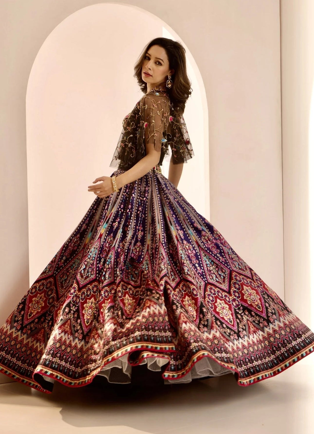 Black Multicoloured Velvet Lehenga Set With Cape Rashika Sharma - Fabilicious Fashion