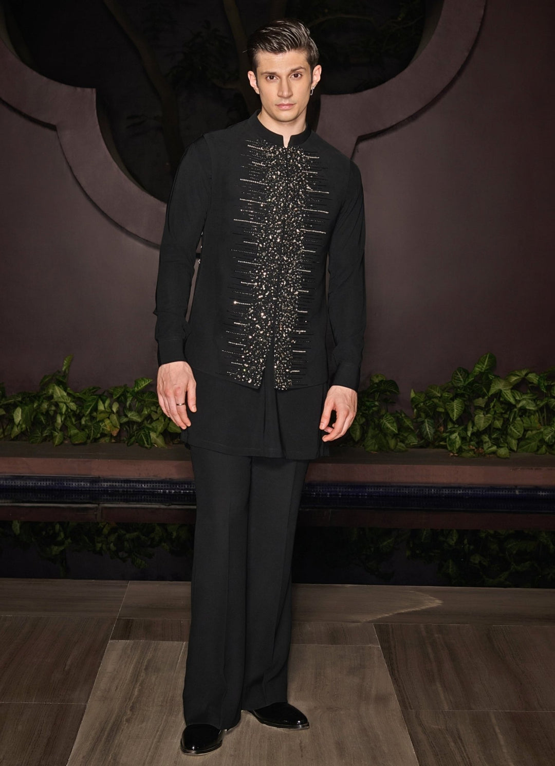 Black Nehru Jacket Set With Studded Crystals and Stonework Contrast By Parth - Fabilicious Fashion