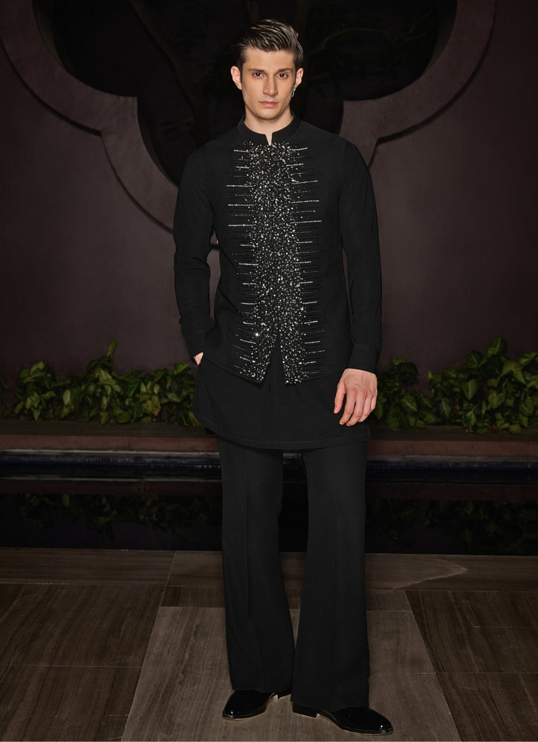 Black Nehru Jacket Set With Studded Crystals and Stonework Contrast By Parth - Fabilicious Fashion