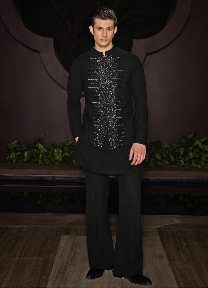 Black Nehru Jacket Set With Studded Crystals and Stonework Contrast By Parth - Fabilicious Fashion