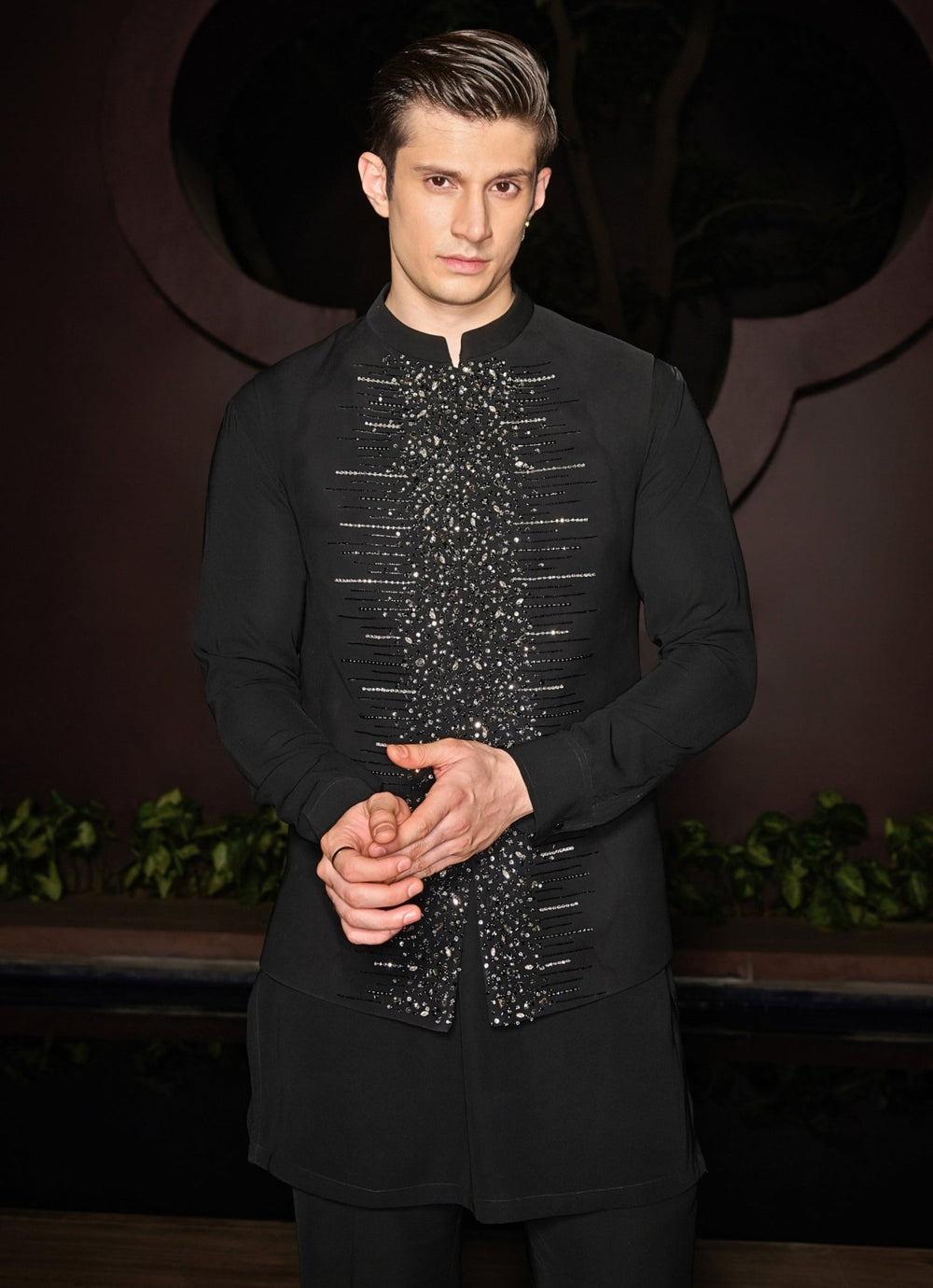 Black Nehru Jacket Set With Studded Crystals and Stonework Contrast By Parth - Fabilicious Fashion