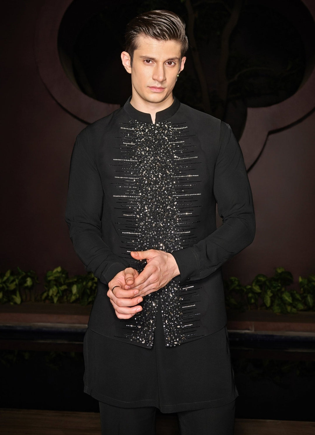 Black Nehru Jacket Set With Studded Crystals and Stonework Contrast By Parth - Fabilicious Fashion