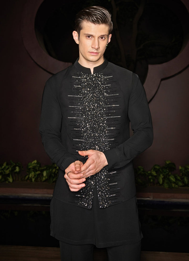 Black Nehru Jacket Set With Studded Crystals and Stonework Contrast By Parth - Fabilicious Fashion