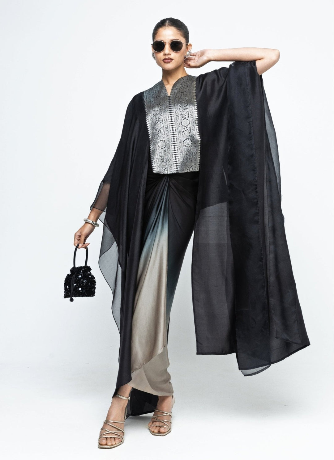 Black Ombre Asymmetrical Tie Dress With Brocade Silk Cape Sobariko - Fabilicious Fashion