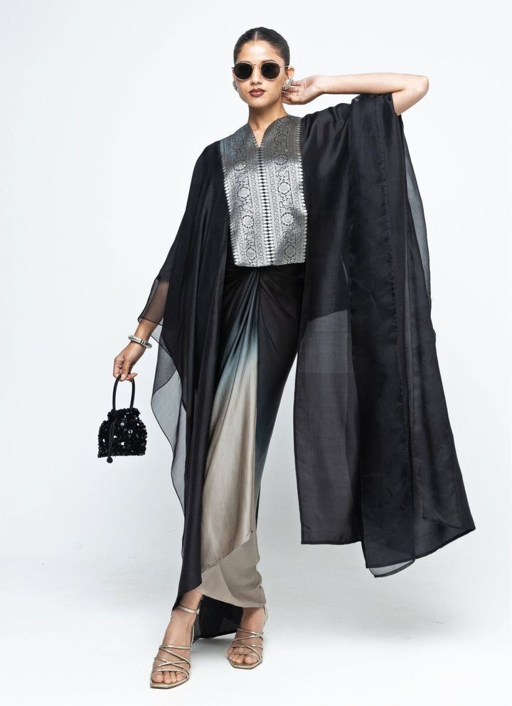 Black Ombre Asymmetrical Tie Dress With Brocade Silk Cape Sobariko - Fabilicious Fashion