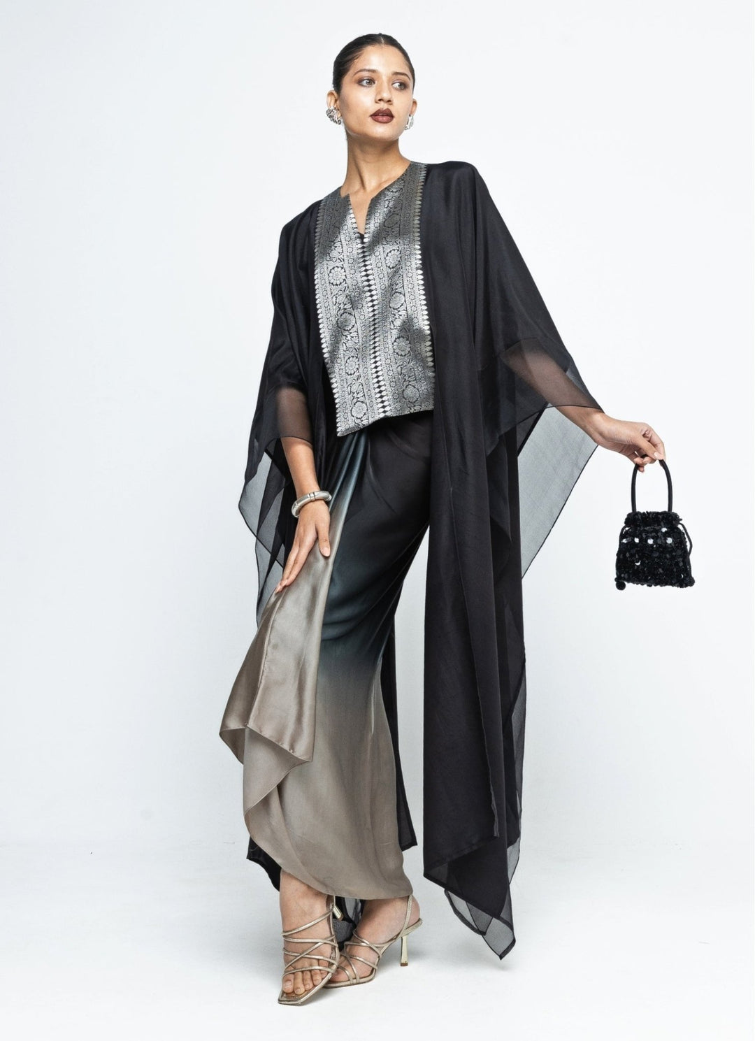 Black Ombre Asymmetrical Tie Dress With Brocade Silk Cape Sobariko - Fabilicious Fashion