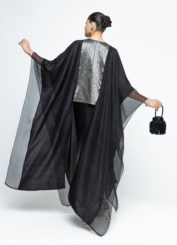 Black Ombre Asymmetrical Tie Dress With Brocade Silk Cape Sobariko - Fabilicious Fashion