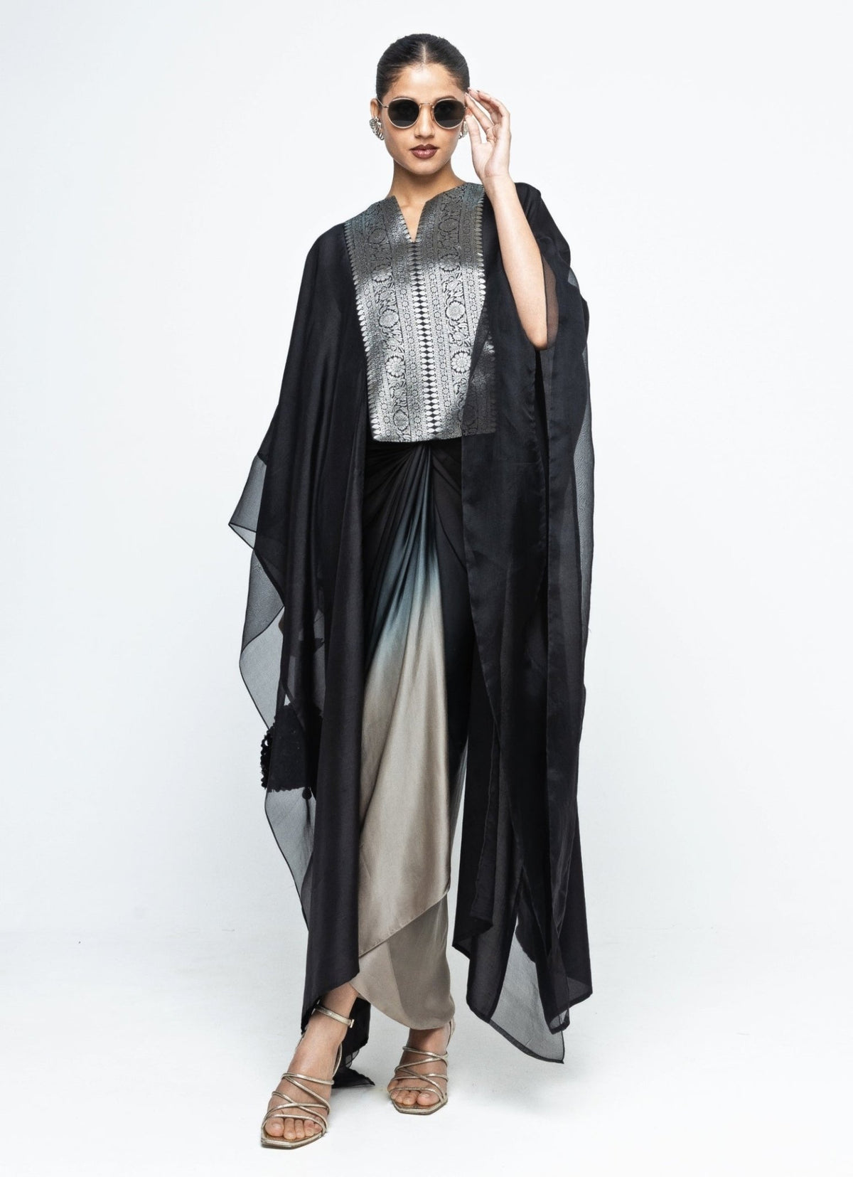 Black ombre asymmetrical tie indowestern dress with brocade silk cape by Sobariko
