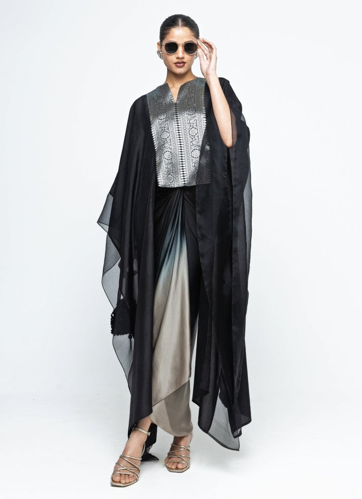 Black Ombre Asymmetrical Tie Dress With Brocade Silk Cape Sobariko - Fabilicious Fashion
