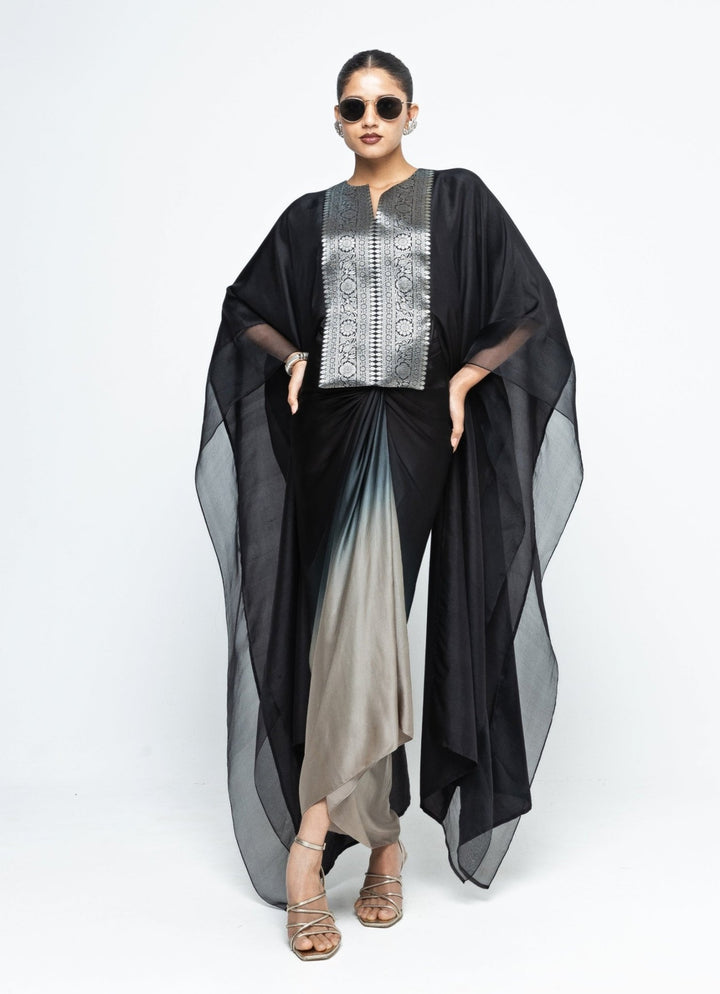 Black Ombre Asymmetrical Tie Dress With Brocade Silk Cape Sobariko - Fabilicious Fashion