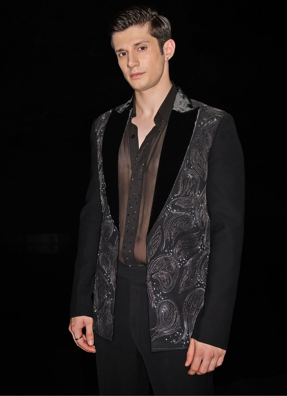 Black Open Long Jacket Set With Abstract Embroidery Contrast By Parth - Fabilicious Fashion