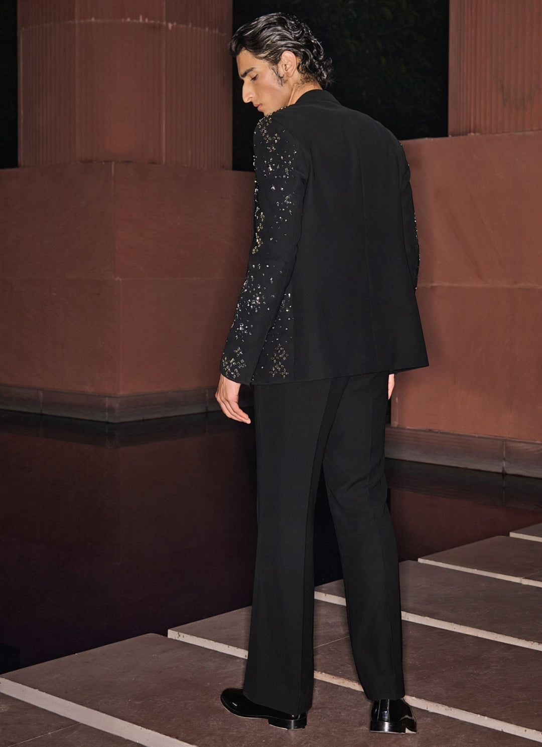 Black Open Long Jacket Set With Crystal and Stonework Contrast By Parth - Fabilicious Fashion