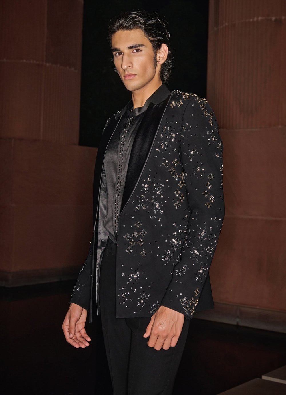 Black Open Long Jacket Set With Crystal and Stonework Contrast By Parth - Fabilicious Fashion