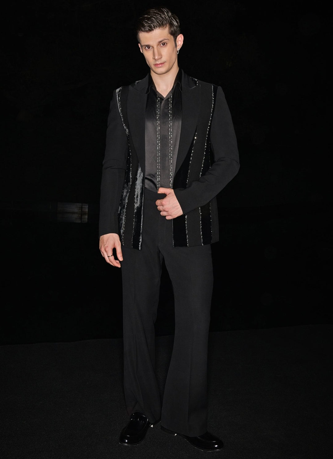 Black Open Long Jacket Set With Embroidered Shirt Contrast By Parth - Fabilicious Fashion