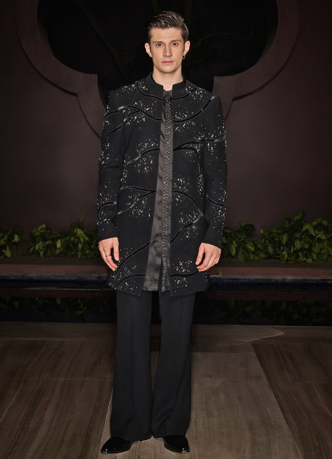 Black Open Sherwani Set With Embroidered Kurta Contrast By Parth - Fabilicious Fashion