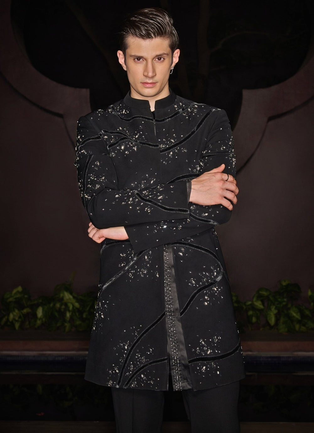 Black Open Sherwani Set With Embroidered Kurta Contrast By Parth - Fabilicious Fashion