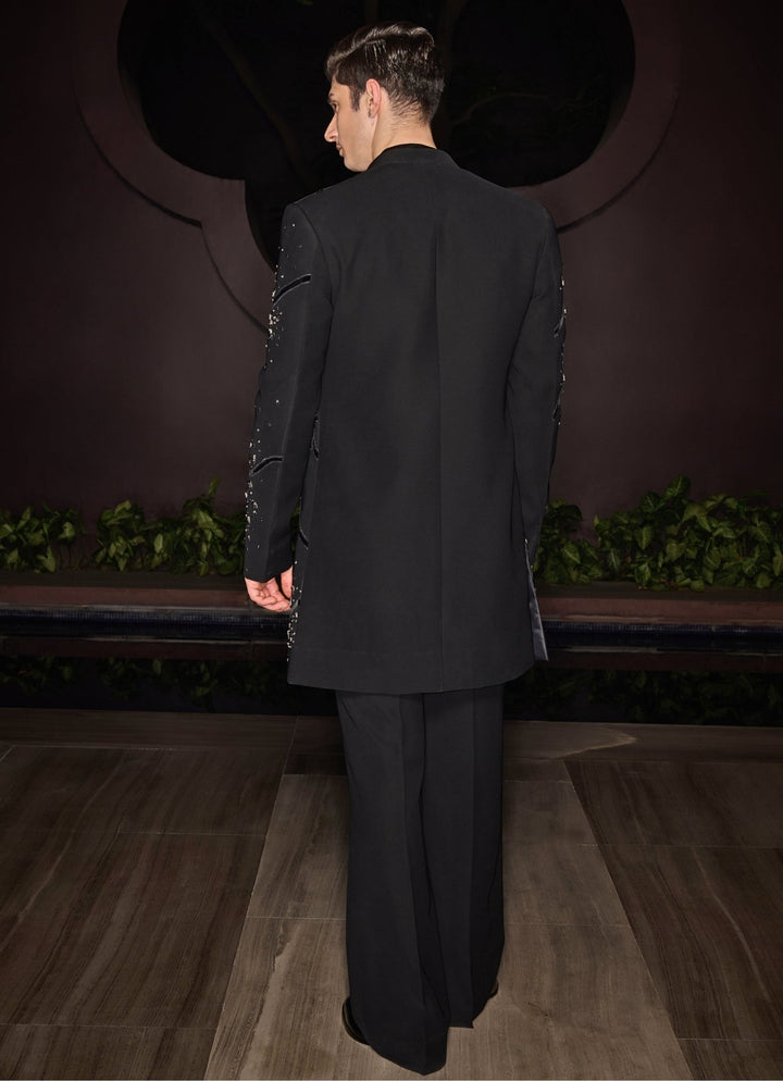 Black Open Sherwani Set With Embroidered Kurta Contrast By Parth - Fabilicious Fashion
