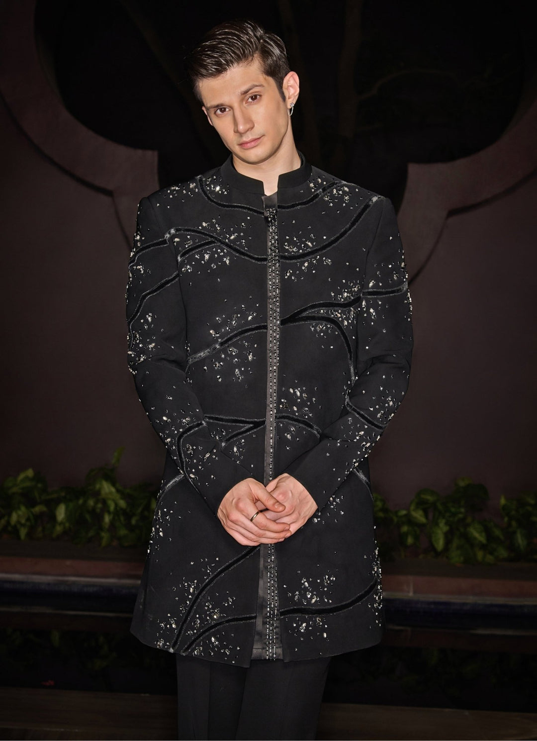 Black Open Sherwani Set With Embroidered Kurta Contrast By Parth - Fabilicious Fashion