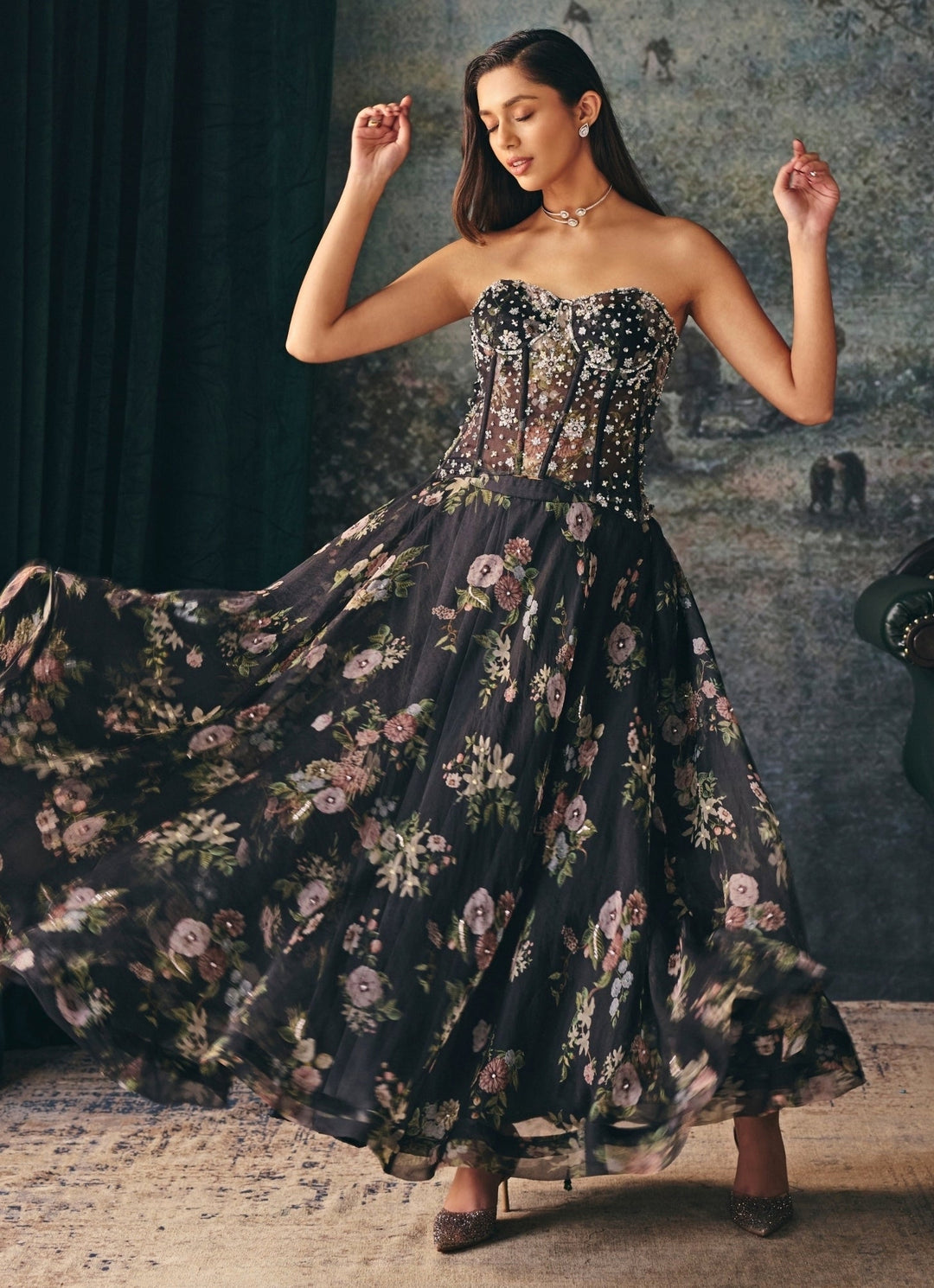 Black Organza Corset Skirt Set Mani Bhatia - Fabilicious Fashion