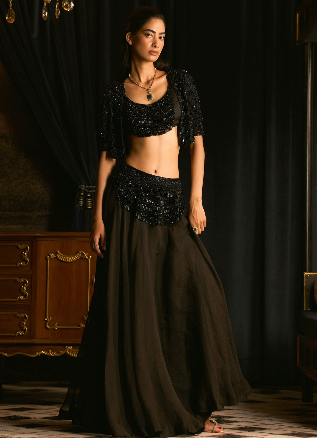 Black Organza Embroidered Skirt With Blouse And Jacket Mani Bhatia - Fabilicious Fashion
