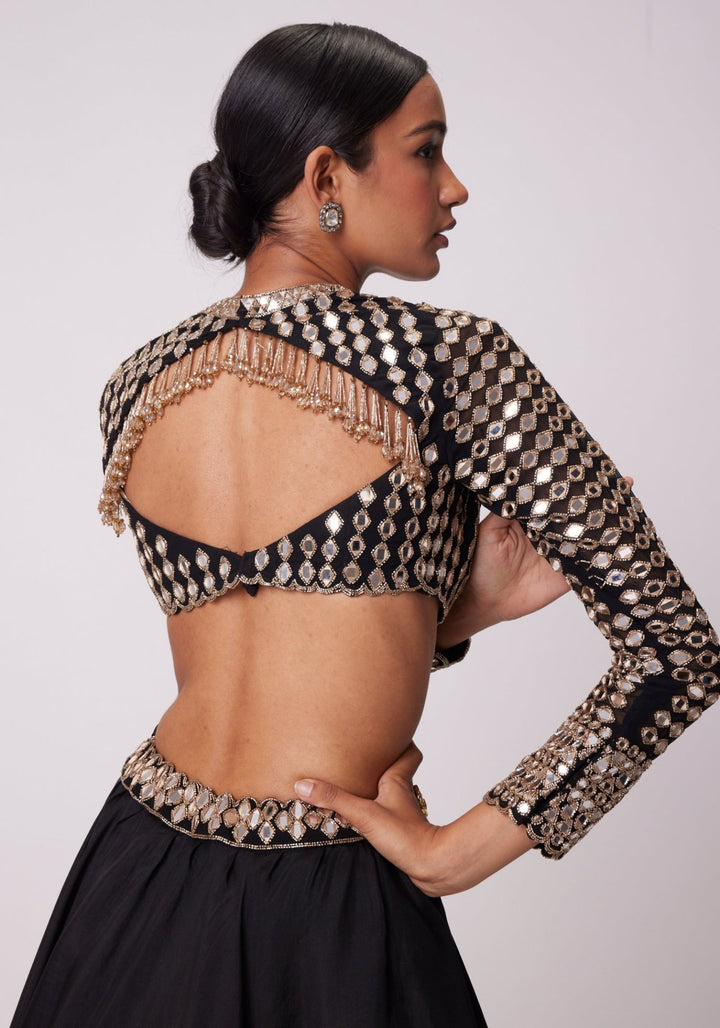 Black Organza Lehenga With Embroidered Full Sleeves Blouse Vvani by Vani Vats - Fabilicious Fashion