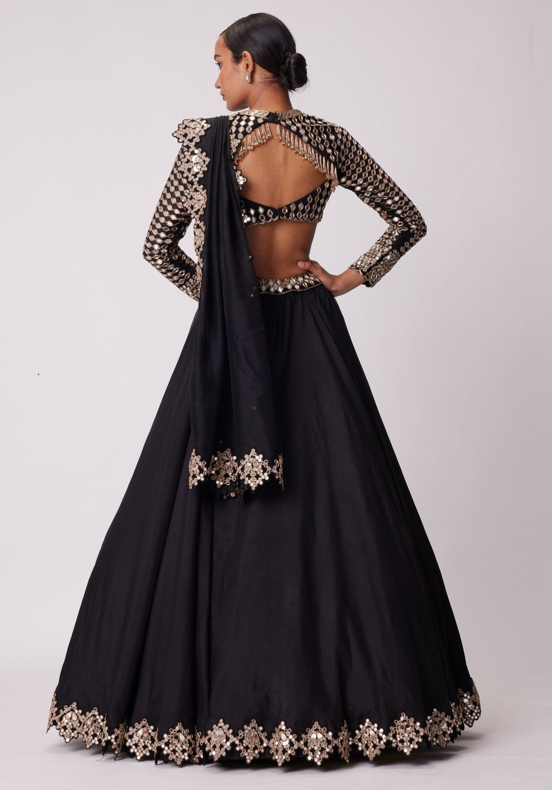 Black Organza Lehenga With Embroidered Full Sleeves Blouse Vvani by Vani Vats - Fabilicious Fashion