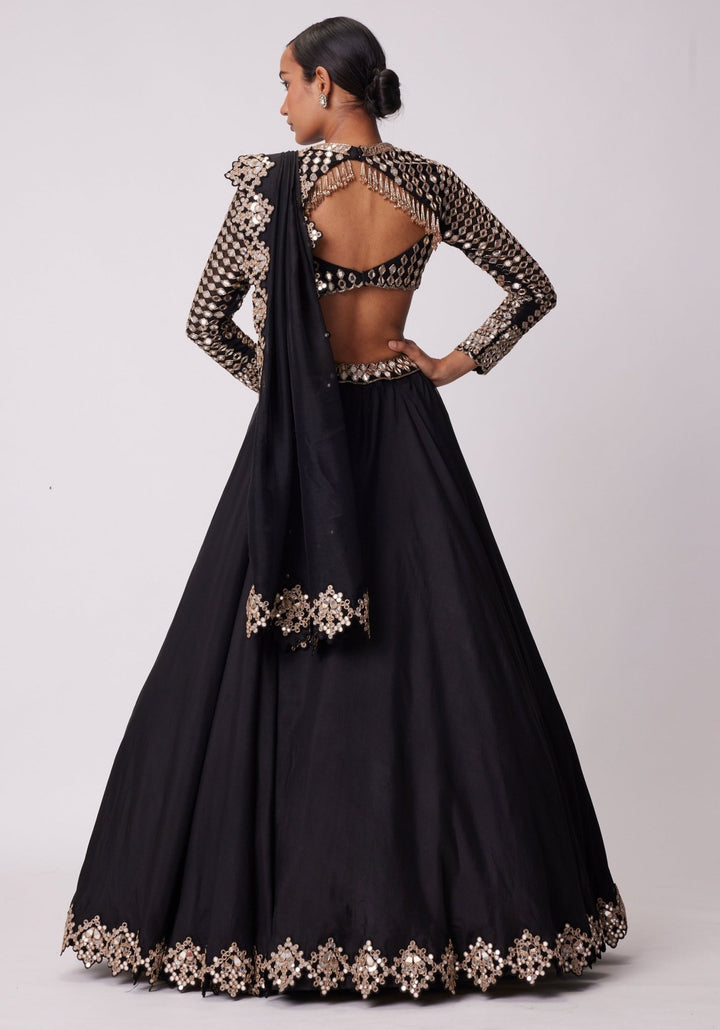 Black Organza Lehenga With Embroidered Full Sleeves Blouse Vvani by Vani Vats - Fabilicious Fashion
