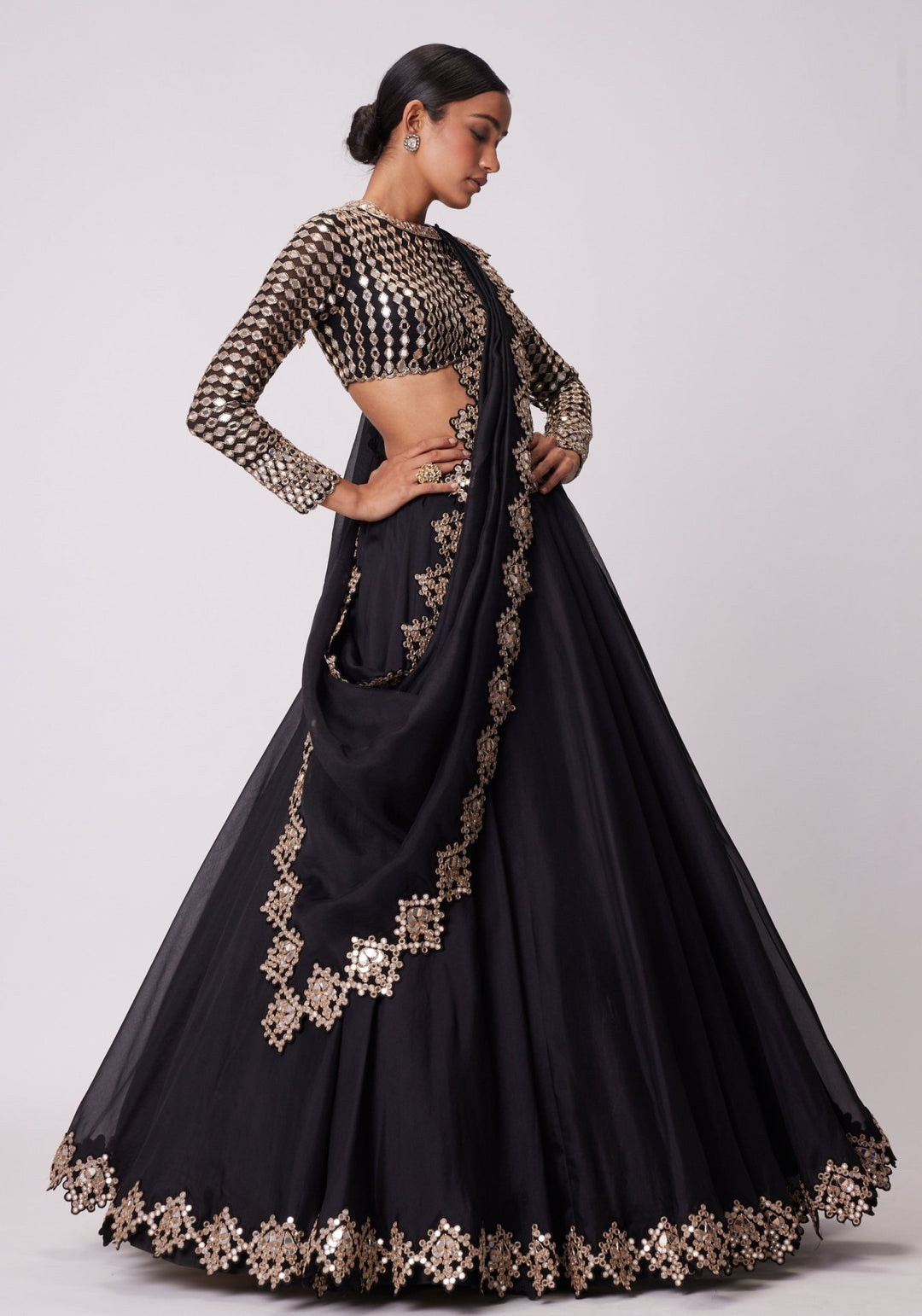 Black Organza Lehenga With Embroidered Full Sleeves Blouse Vvani by Vani Vats - Fabilicious Fashion