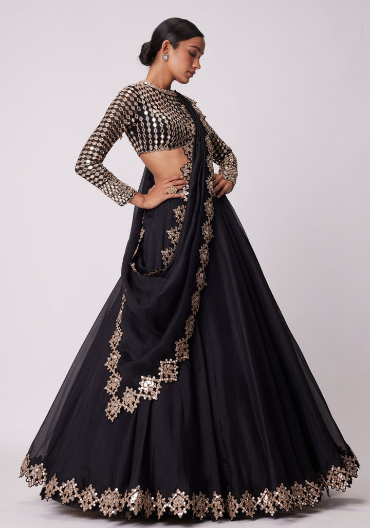Black Organza Lehenga With Embroidered Full Sleeves Blouse Vvani by Vani Vats - Fabilicious Fashion