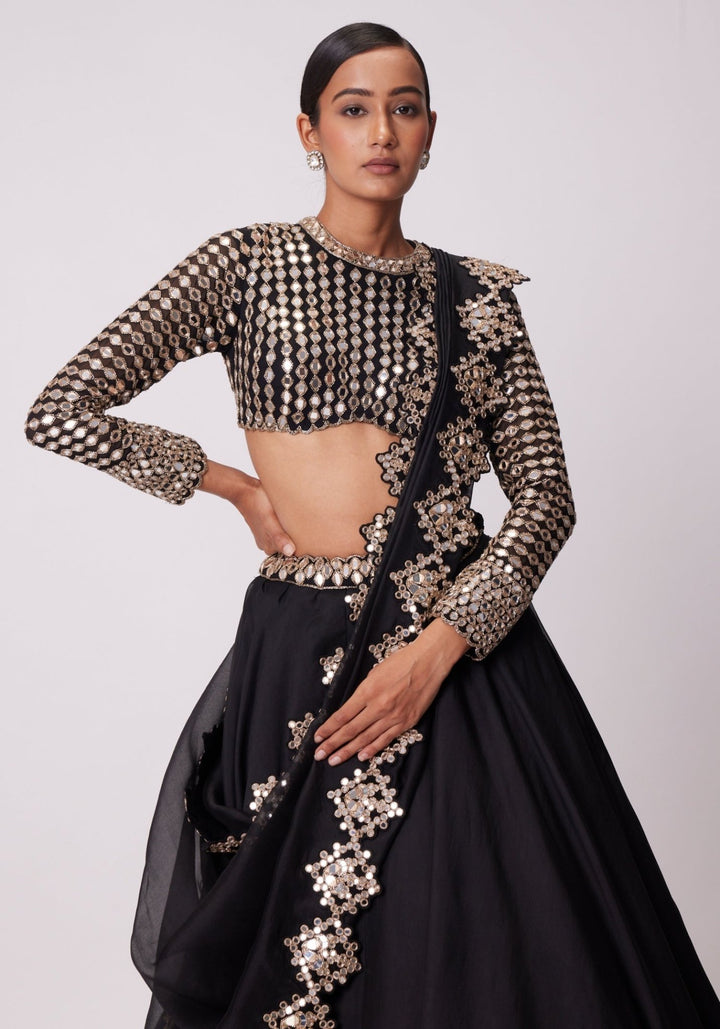 Black Organza Lehenga With Embroidered Full Sleeves Blouse Vvani by Vani Vats - Fabilicious Fashion