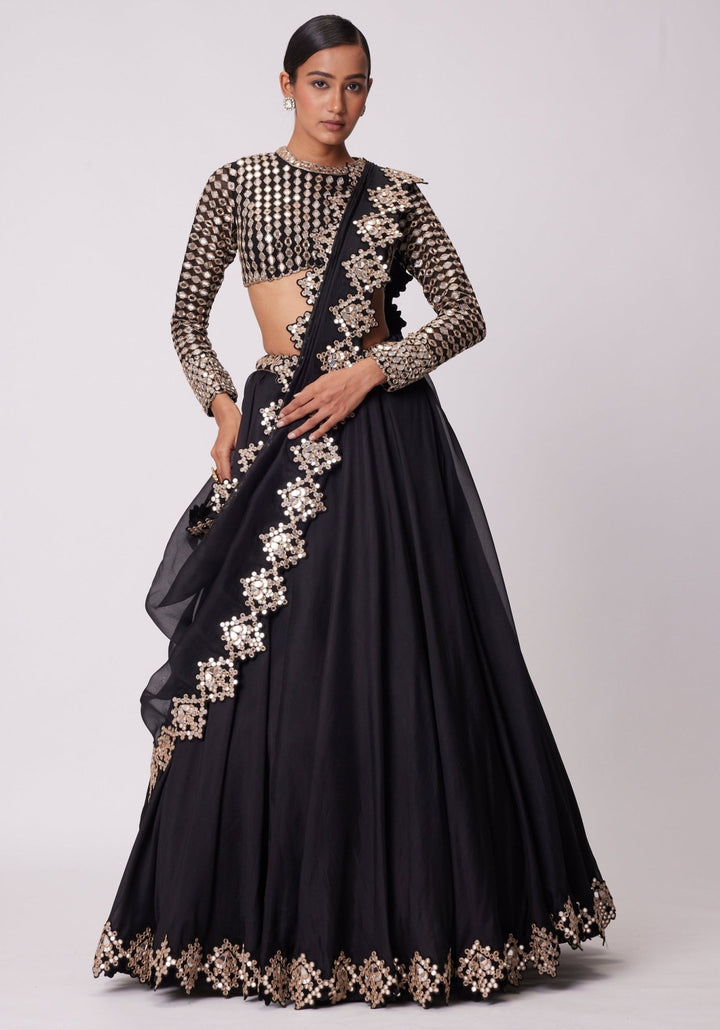 Black Organza Lehenga With Embroidered Full Sleeves Blouse Vvani by Vani Vats - Fabilicious Fashion