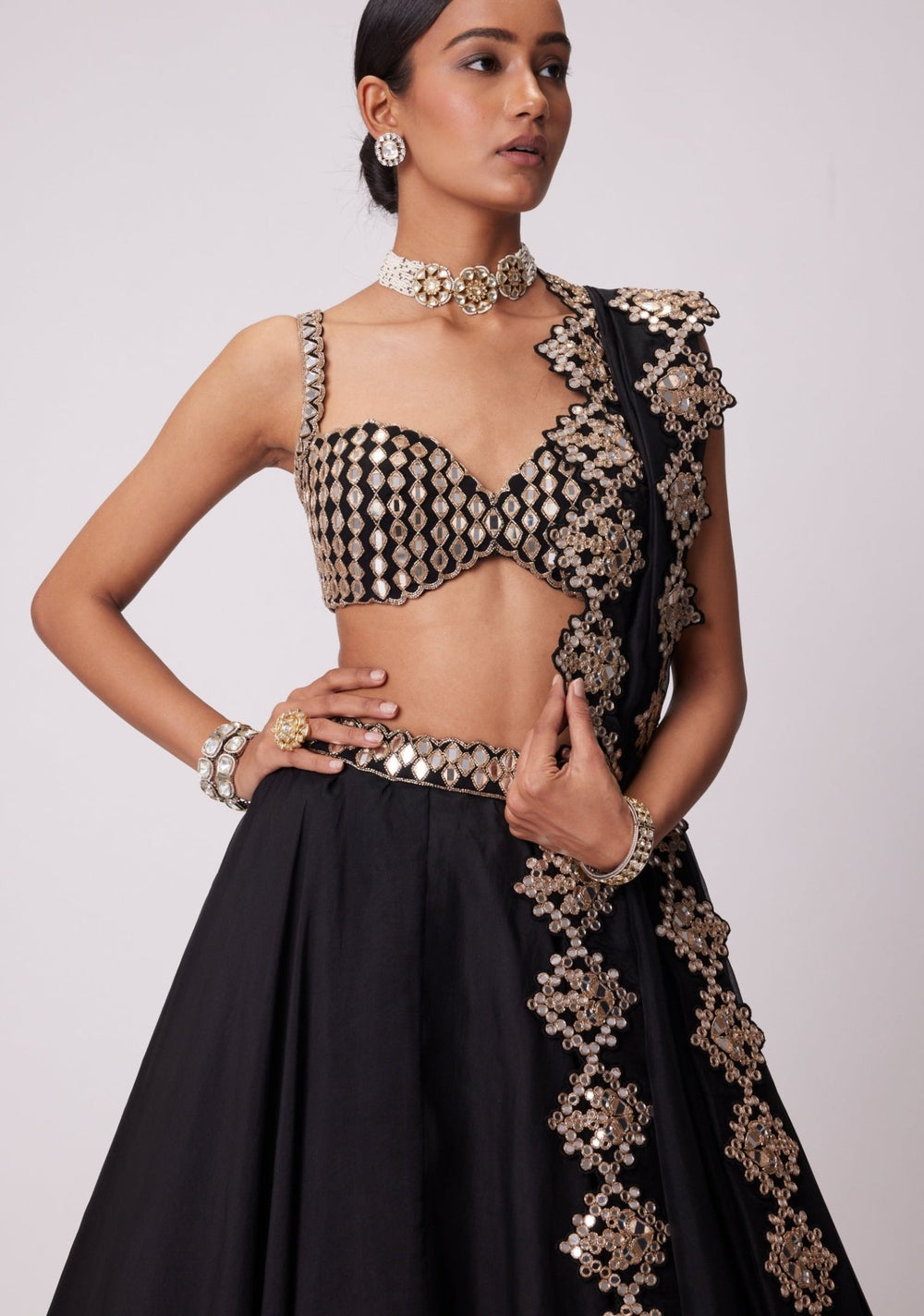 Black Organza Lehenga With Embroidered Sleeveless Blouse Vvani by Vani Vats - Fabilicious Fashion