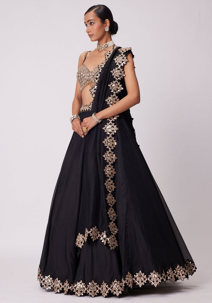 Black Organza Lehenga With Embroidered Sleeveless Blouse Vvani by Vani Vats - Fabilicious Fashion
