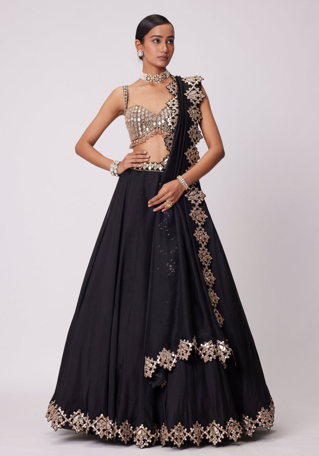 Black Organza Lehenga With Embroidered Sleeveless Blouse Vvani by Vani Vats - Fabilicious Fashion