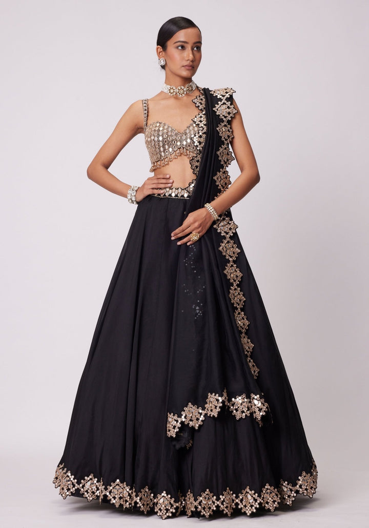 Black Organza Lehenga With Embroidered Sleeveless Blouse Vvani by Vani Vats - Fabilicious Fashion