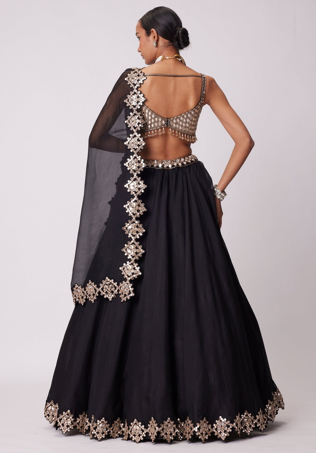 Black Organza Lehenga With Embroidered Sleeveless Blouse Vvani by Vani Vats - Fabilicious Fashion