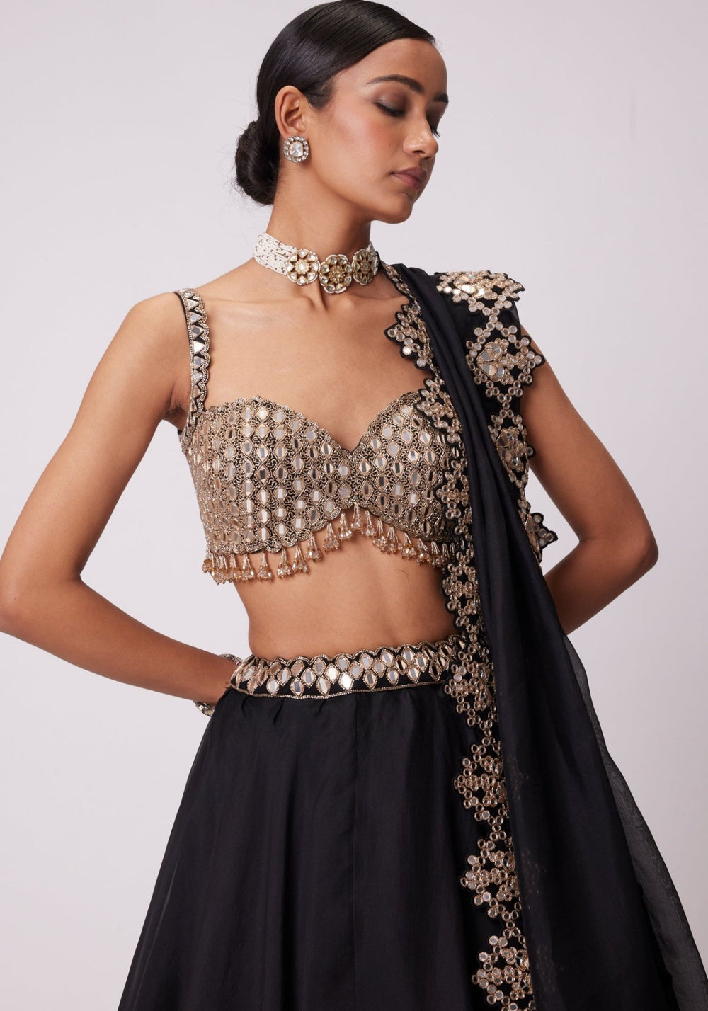 Black Organza Lehenga With Embroidered Sleeveless Blouse Vvani by Vani Vats - Fabilicious Fashion